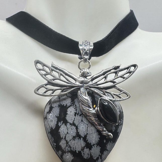 Vintage Velvet Choker Silver, White Bronze, Grey Snowflake Obsidian Necklace