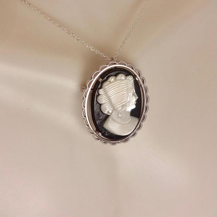 Vintage Abalone Cameo Necklace Pin Brooch 925 Sterling Silver