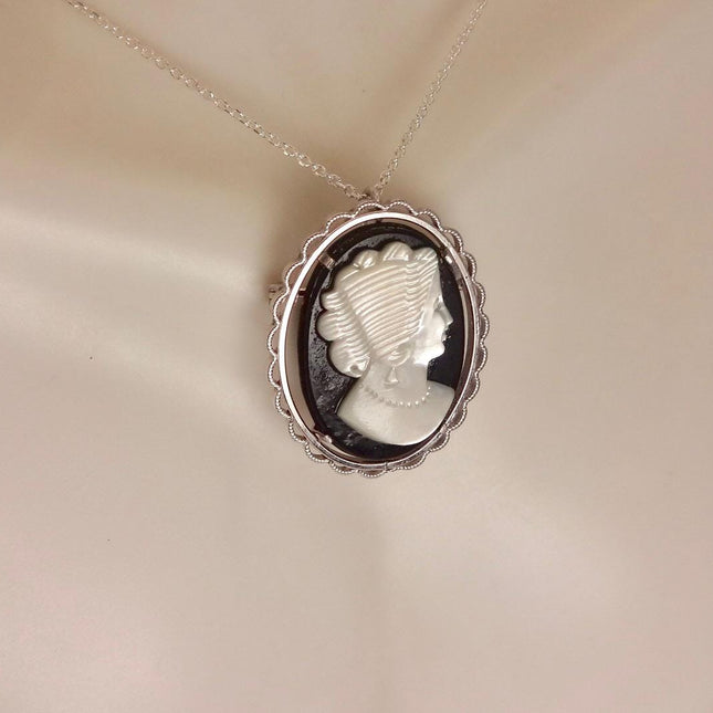 Vintage Abalone Cameo Necklace Pin Brooch 925 Sterling Silver
