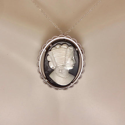 Vintage Abalone Cameo Necklace Pin Brooch 925 Sterling Silver
