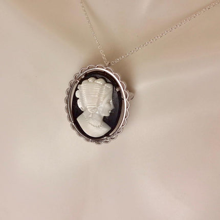 Vintage Abalone Cameo Necklace Pin Brooch 925 Sterling Silver