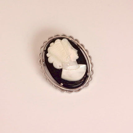 Vintage Abalone Cameo Necklace Pin Brooch 925 Sterling Silver