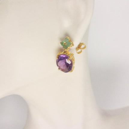 Vintage Purple Amethyst Emerald 925 Sterling Silver Stud Earrings