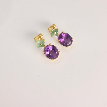 Vintage Purple Amethyst Emerald 925 Sterling Silver Stud Earrings