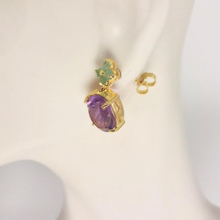 Vintage Purple Amethyst Emerald 925 Sterling Silver Stud Earrings