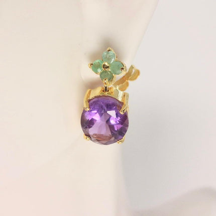 Vintage Purple Amethyst Emerald 925 Sterling Silver Stud Earrings