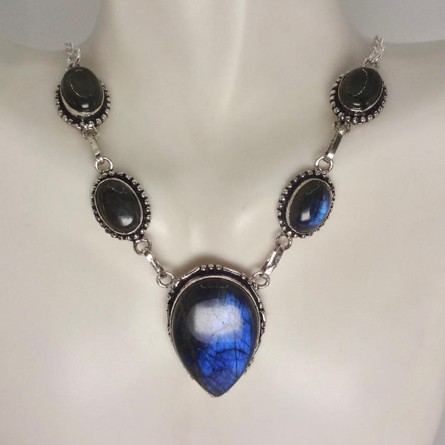Vintage Labradorite Choker Necklace: Sterling Silver Gemstone Pendant