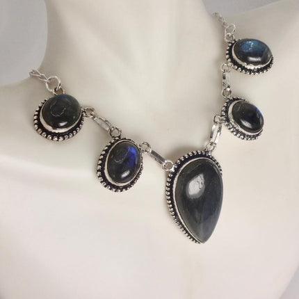 Vintage Labradorite Choker Necklace: Sterling Silver Gemstone Pendant