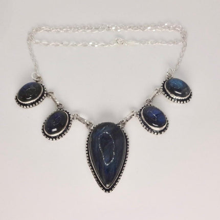Vintage Labradorite Choker Necklace: Sterling Silver Gemstone Pendant