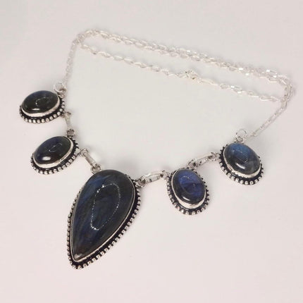 Vintage Labradorite Choker Necklace: Sterling Silver Gemstone Pendant