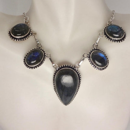 Vintage Labradorite Choker Necklace: Sterling Silver Gemstone Pendant