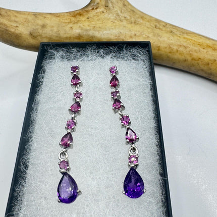 Vintage Purple Amethyst Red Tourmaline 925 Sterling Silver Chandelier Earrings