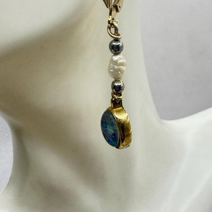 Vintage Blue Fire Opal Dangle Earrings Gold Filled