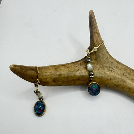 Vintage Blue Fire Opal Dangle Earrings Gold Filled