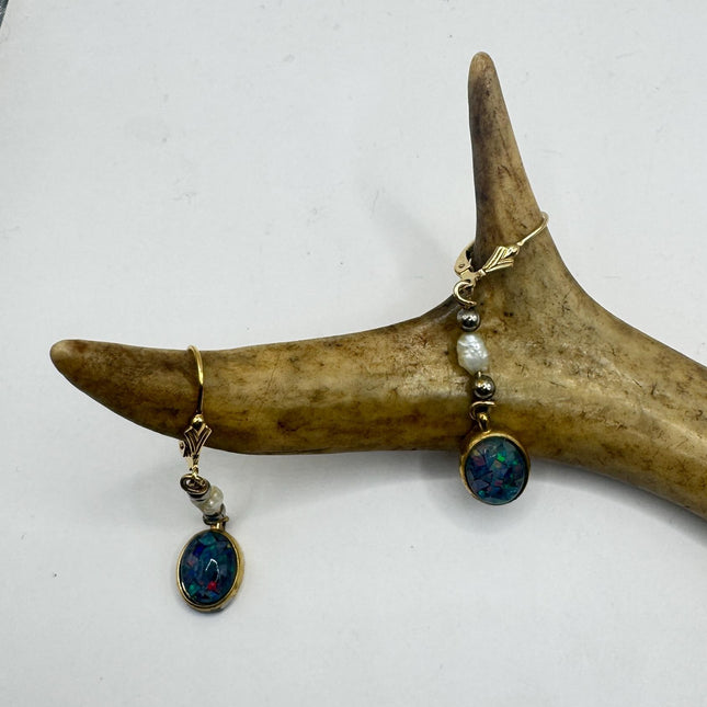 Vintage Blue Fire Opal Dangle Earrings Gold Filled