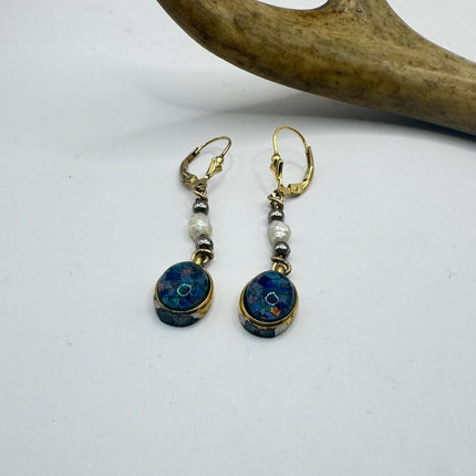 Vintage Blue Fire Opal Dangle Earrings Gold Filled