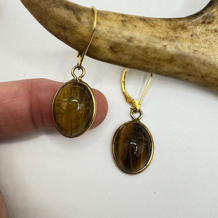 Vintage Tigers Eye Scarab Earrings Dangle Gold Filled