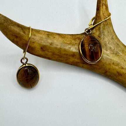 Vintage Tigers Eye Scarab Earrings Dangle Gold Filled