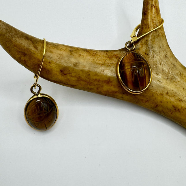 Vintage Tigers Eye Scarab Earrings Dangle Gold Filled