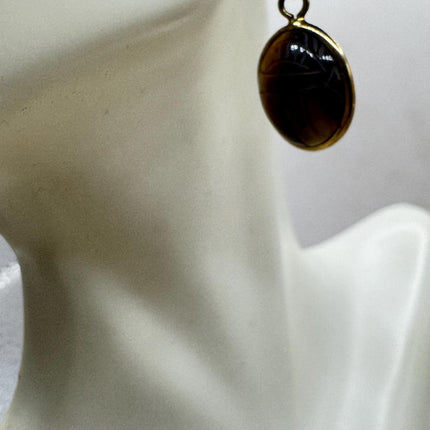 Vintage Tigers Eye Scarab Earrings Dangle Gold Filled