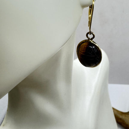 Vintage Tigers Eye Scarab Earrings Dangle Gold Filled