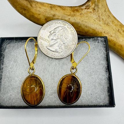 Vintage Tigers Eye Scarab Earrings Dangle Gold Filled