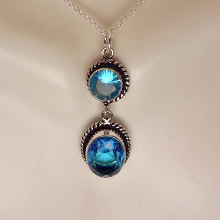 Vintage Aqua Blue Crystal 925 sterling silver chain necklace