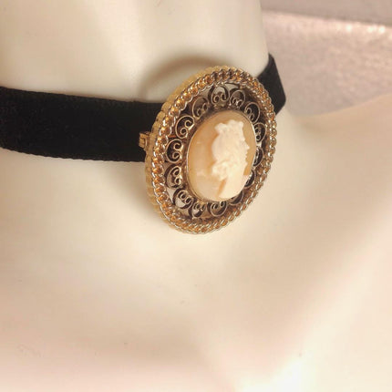 Vintage Carved Shell Cameo Brooch Pin: Gold Filled, Black Velvet Choker