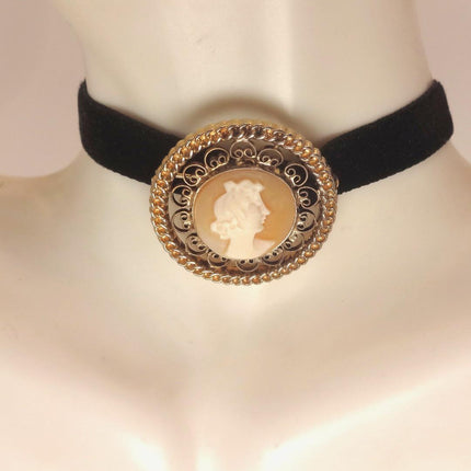 Vintage Carved Shell Cameo Brooch Pin: Gold Filled, Black Velvet Choker