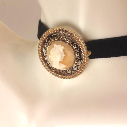 Vintage Carved Shell Cameo Brooch Pin: Gold Filled, Black Velvet Choker