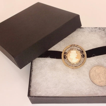 Vintage Carved Shell Cameo Brooch Pin: Gold Filled, Black Velvet Choker