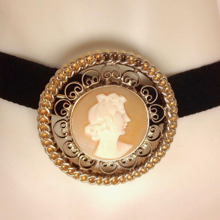 Vintage Carved Shell Cameo Brooch Pin: Gold Filled, Black Velvet Choker