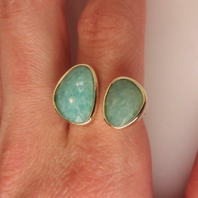 Vintage Gold Bronze Green Amazonite adjustable ring