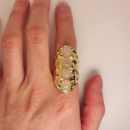 Vintage Gold Bronze Rose Quartz Ring: Boho Statement Jewelry Adjustable