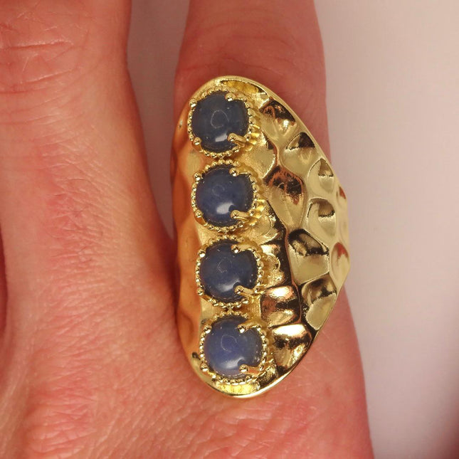Vintage Statement Ring: Deep Blue Chalsedony Gold Finished Bronze Adjustable