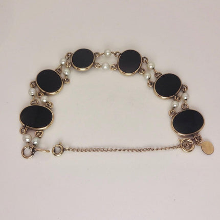 Vintage Black Onyx Pearl Tennis Bracelet: Gold Filled Bezel