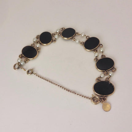 Vintage Black Onyx Pearl Tennis Bracelet: Gold Filled Bezel