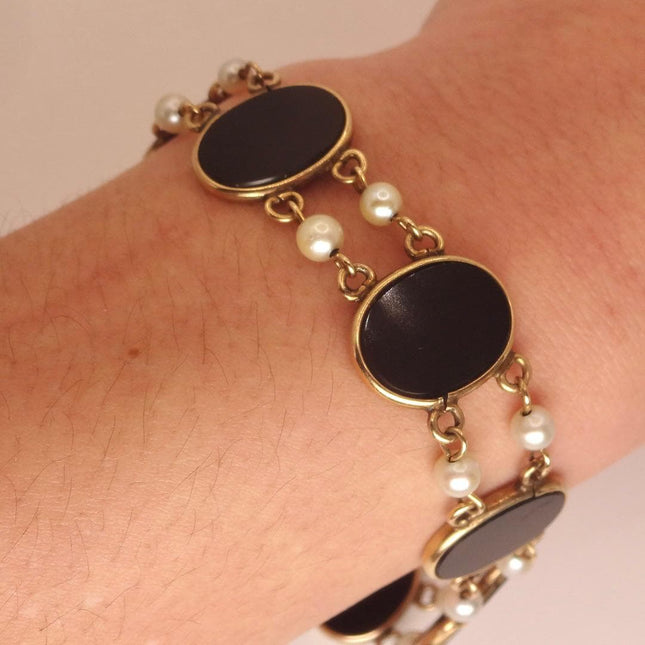 Vintage Black Onyx Pearl Tennis Bracelet: Gold Filled Bezel