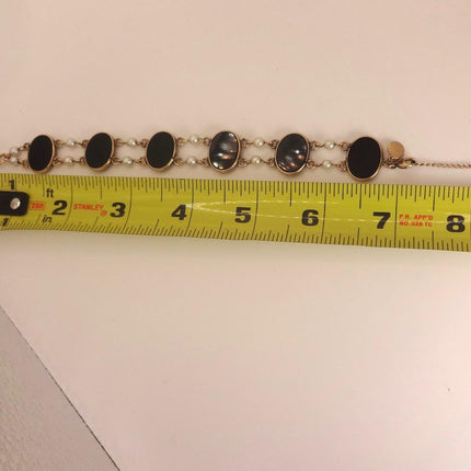 Vintage Black Onyx Pearl Tennis Bracelet: Gold Filled Bezel