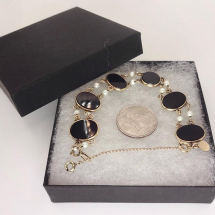 Vintage Black Onyx Pearl Tennis Bracelet: Gold Filled Bezel