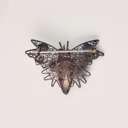 Vintage Blue Painted Enamel Butterfly Brooch: Sterling Silver Filigree Pin