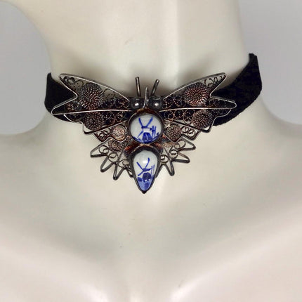 Vintage Blue Painted Enamel Butterfly Brooch: Sterling Silver Filigree Pin