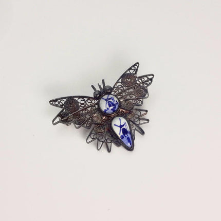 Vintage Blue Painted Enamel Butterfly Brooch: Sterling Silver Filigree Pin