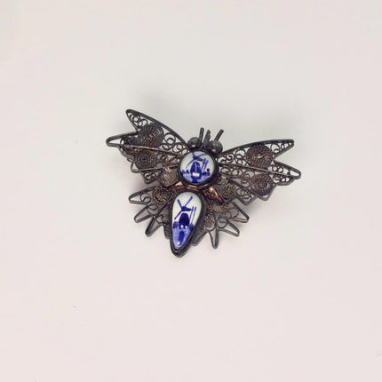 Vintage Blue Painted Enamel Butterfly Brooch: Sterling Silver Filigree Pin