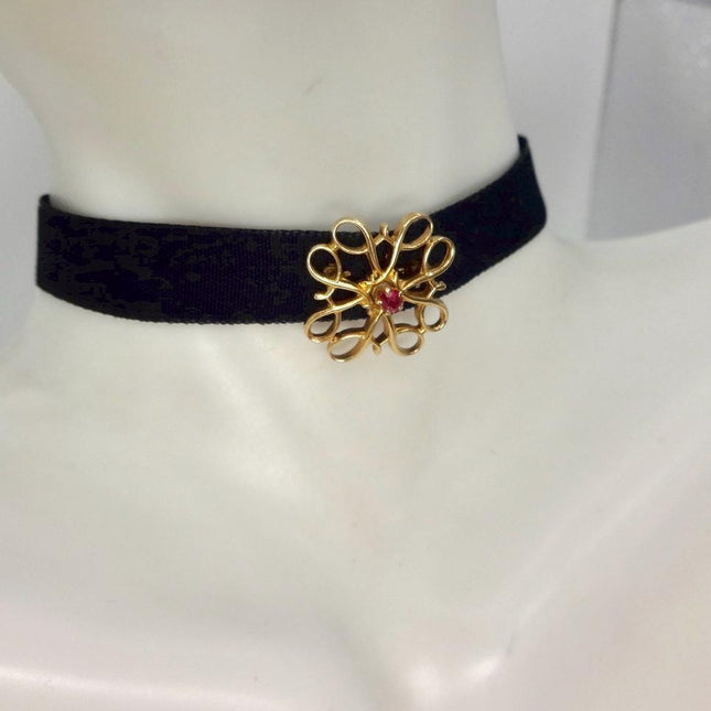 Vintage Red Ruby Brooch: Gold Filled Velvet Choker