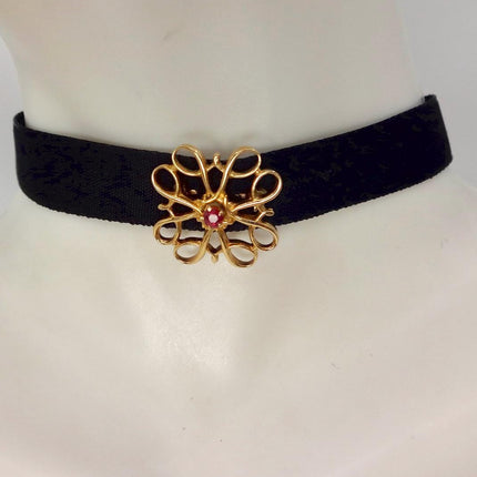 Vintage Red Ruby Brooch: Gold Filled Velvet Choker