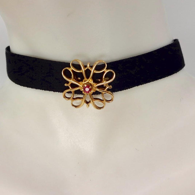 Vintage Red Ruby Brooch: Gold Filled Velvet Choker
