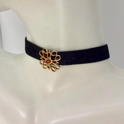 Vintage Red Ruby Brooch: Gold Filled Velvet Choker