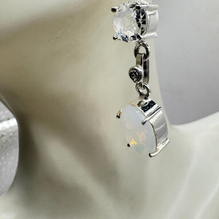 Vintage White Opal Glass Dangle Earrings Sterling Silver Design Statement Leverbacks