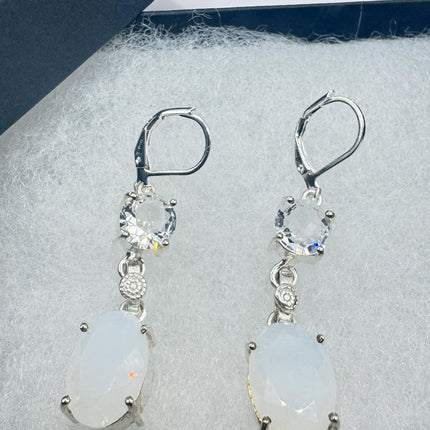 Vintage White Opal Glass Dangle Earrings Sterling Silver Design Statement Leverbacks